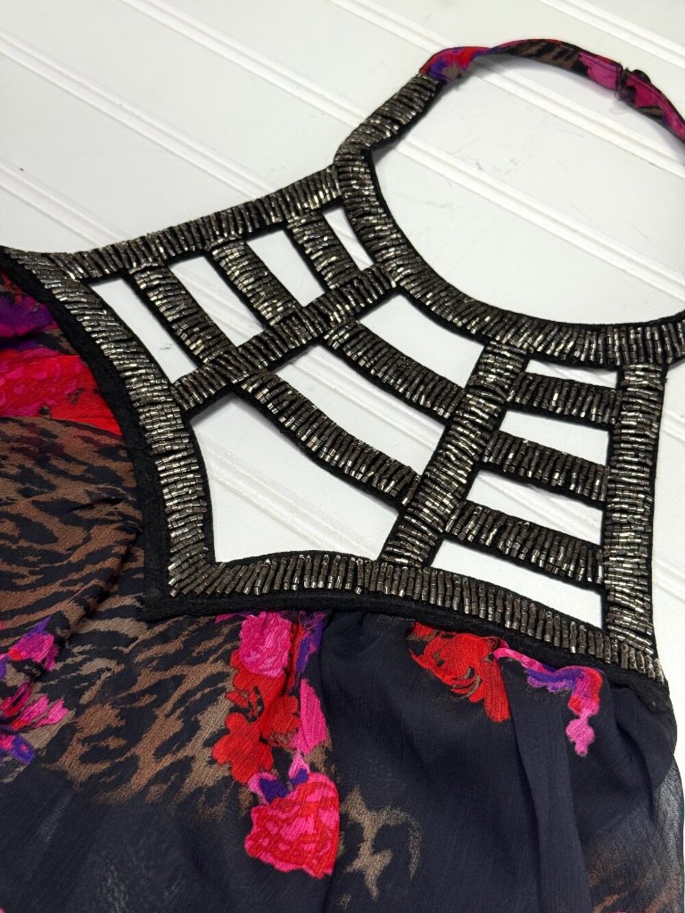 Venus Backless Halter Jumpsuit Floral Leopard Print Beaded Neck Size M - Picture 7 of 10